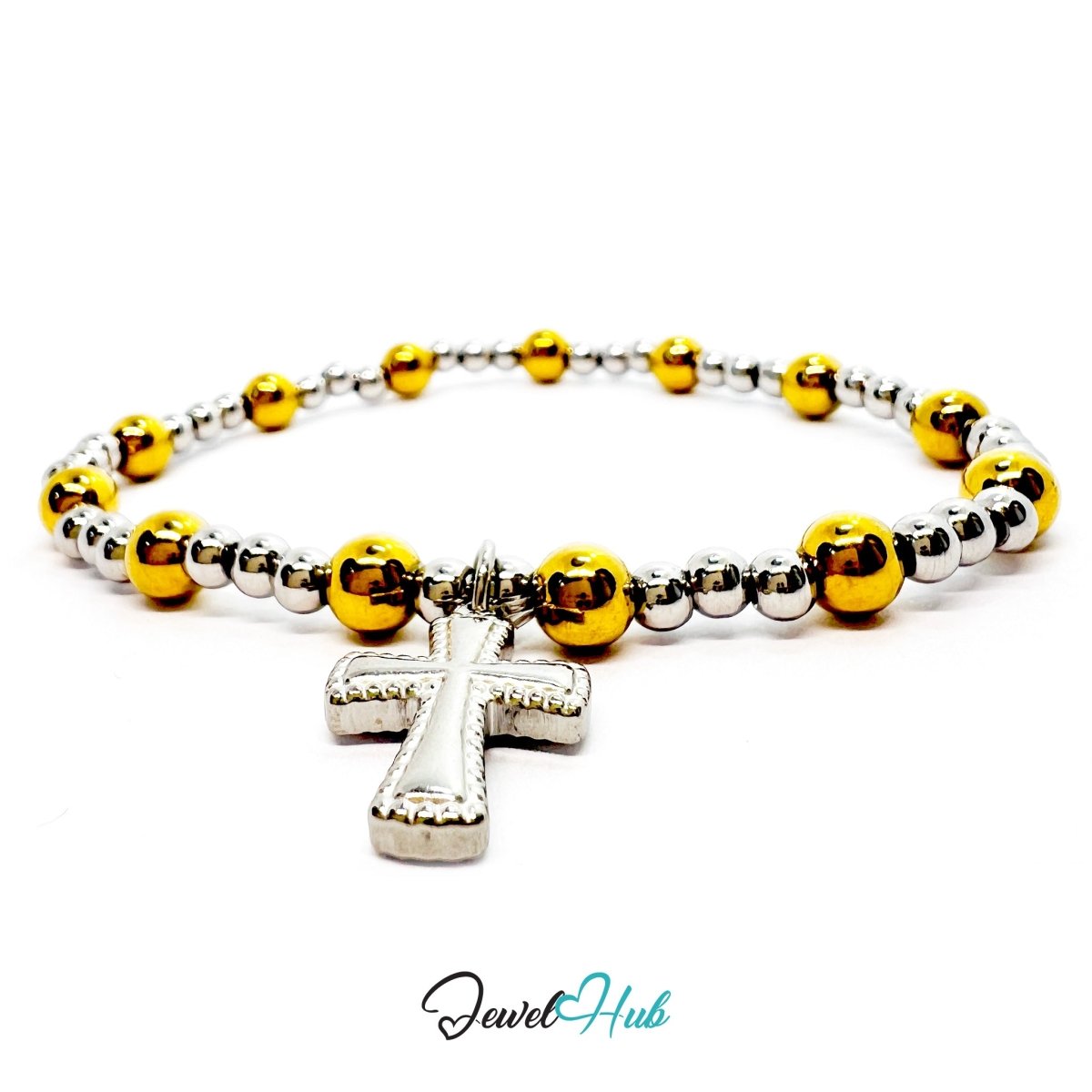 DuoTone Bead Bracelet – Stainless Steel Gold & Silver with Cross Charm - JewelHub.co.uk