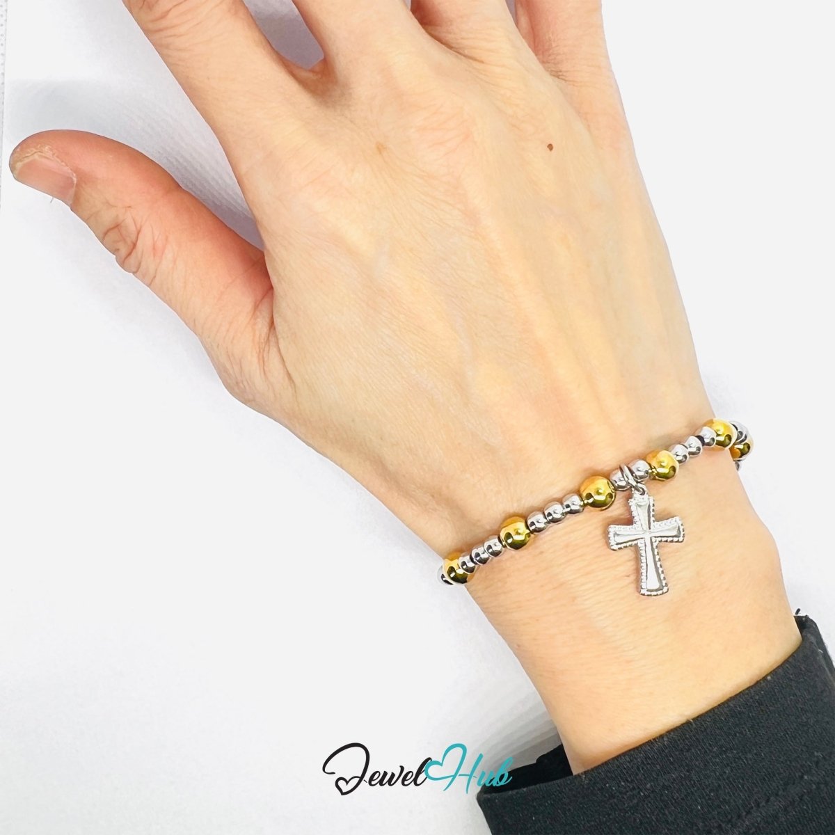 DuoTone Bead Bracelet – Stainless Steel Gold & Silver with Cross Charm - JewelHub.co.uk