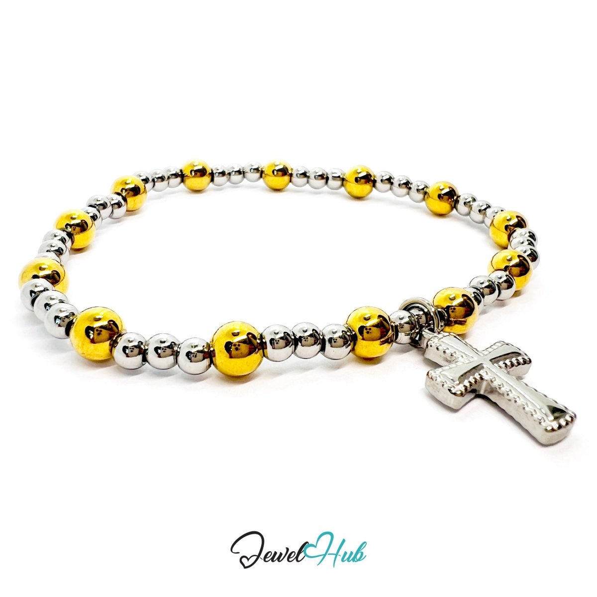 DuoTone Bead Bracelet – Stainless Steel Gold & Silver with Cross Charm - JewelHub.co.uk