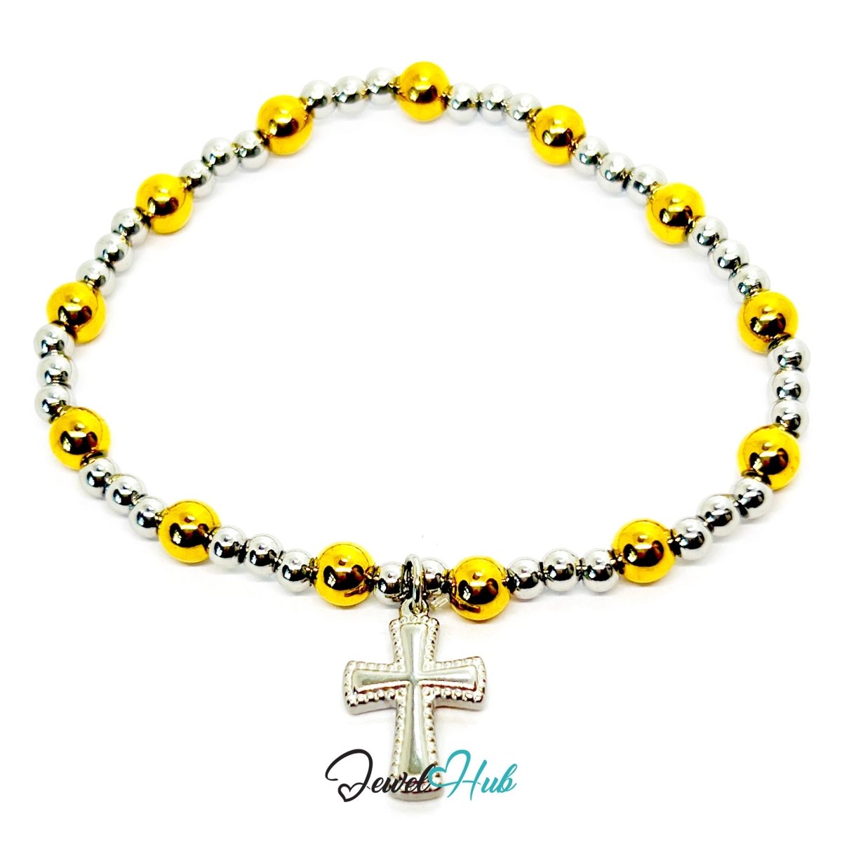 DuoTone Bead Bracelet – Stainless Steel Gold & Silver with Cross Charm - JewelHub.co.uk