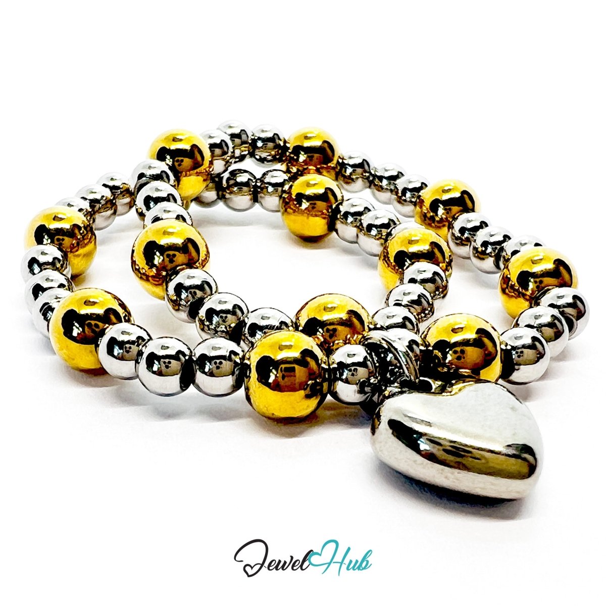 DuoTone Bead Bracelet – Stainless Steel Gold & Silver with Heart Charm - JewelHub.co.uk