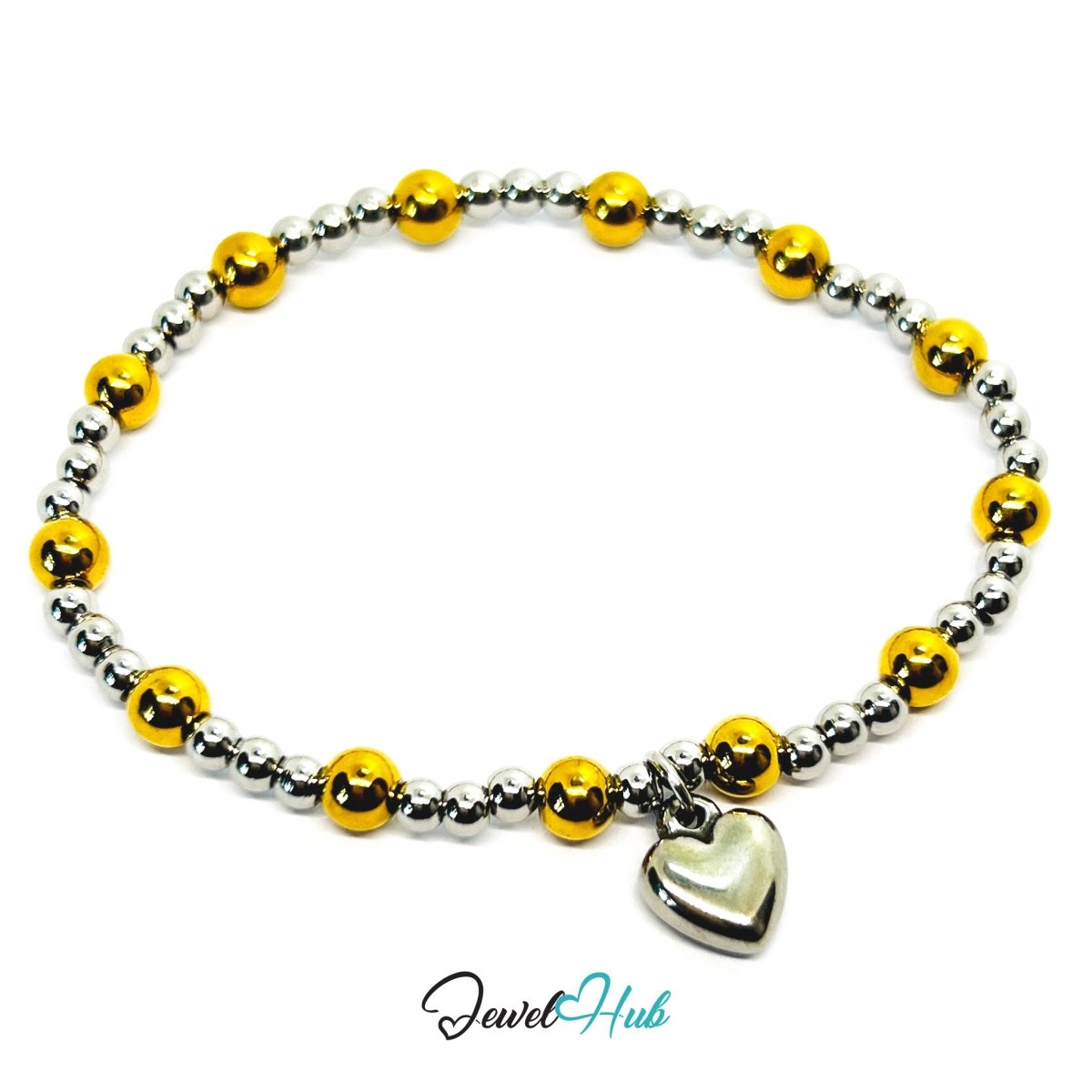DuoTone Bead Bracelet – Stainless Steel Gold & Silver with Heart Charm - JewelHub.co.uk