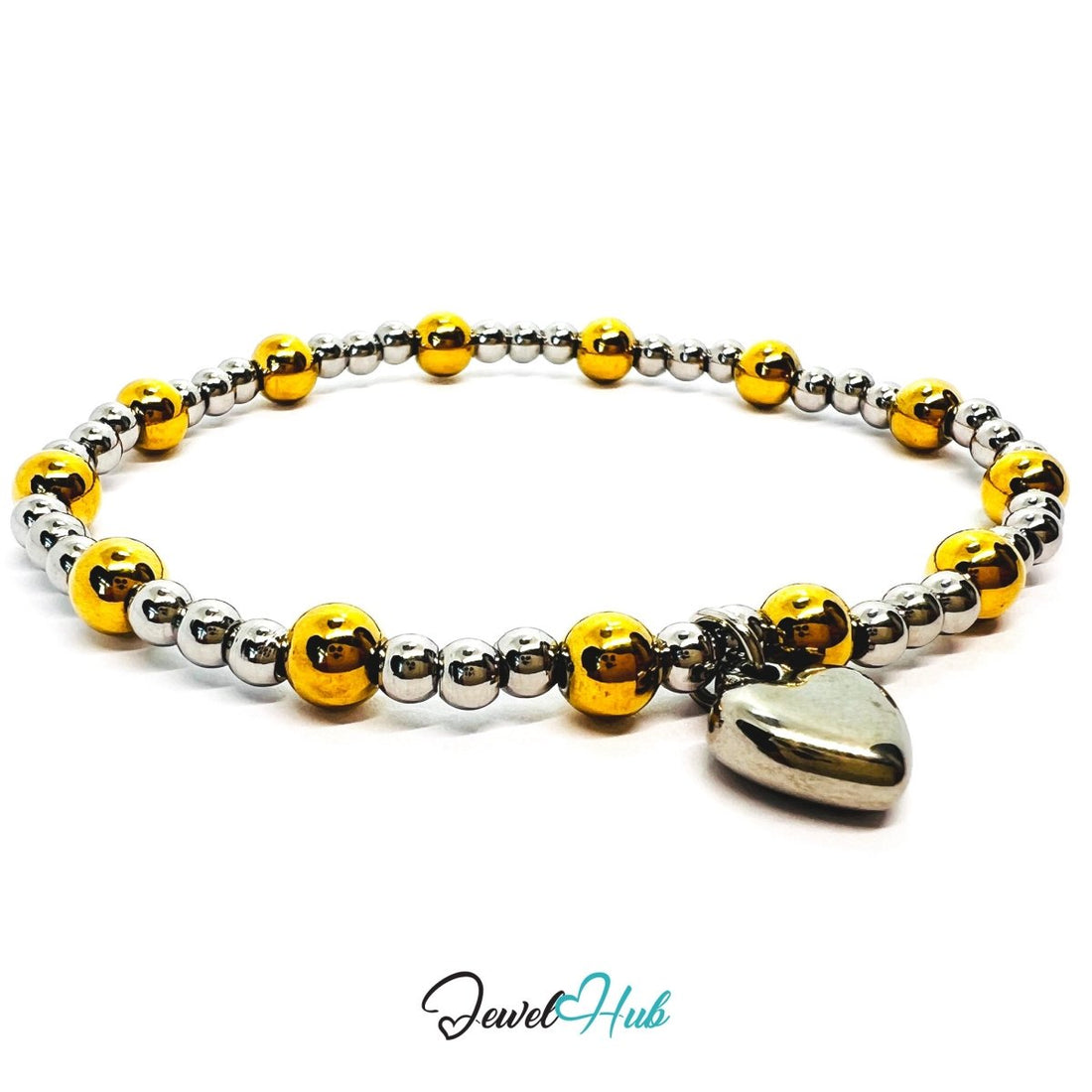 DuoTone Bead Bracelet – Stainless Steel Gold & Silver with Heart Charm - JewelHub.co.uk