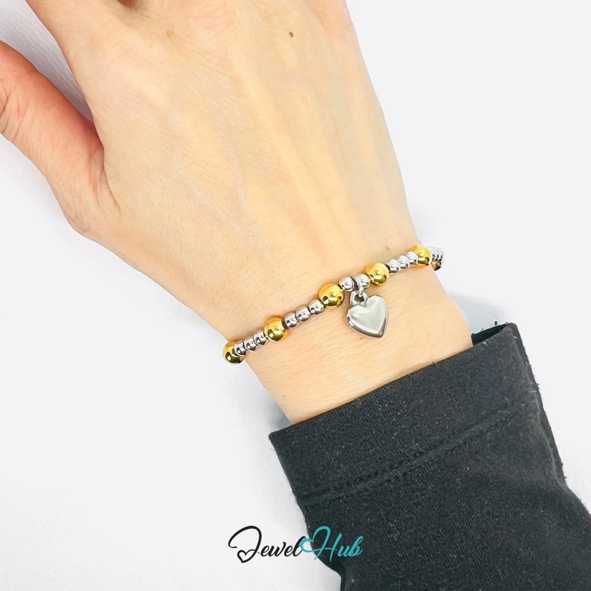 DuoTone Bead Bracelet – Stainless Steel Gold & Silver with Heart Charm - JewelHub.co.uk
