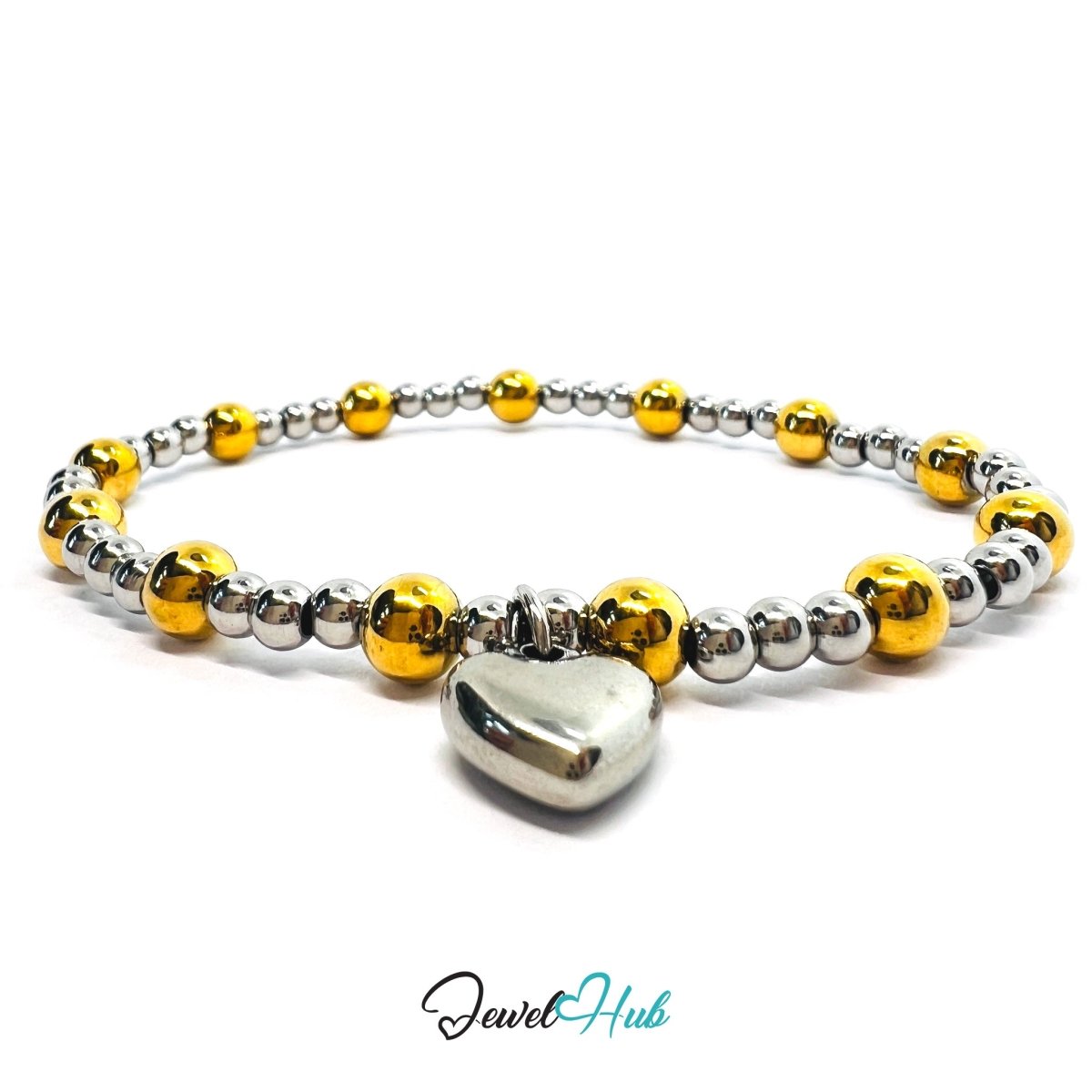 DuoTone Bead Bracelet – Stainless Steel Gold & Silver with Heart Charm - JewelHub.co.uk
