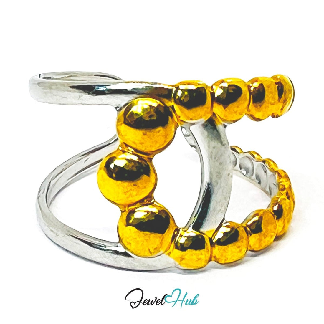 DuoTone BeadArc Ring · Stainless Steel · Adjustable MNOPQ · Gold & Silver Sculptural Band - JewelHub.co.uk