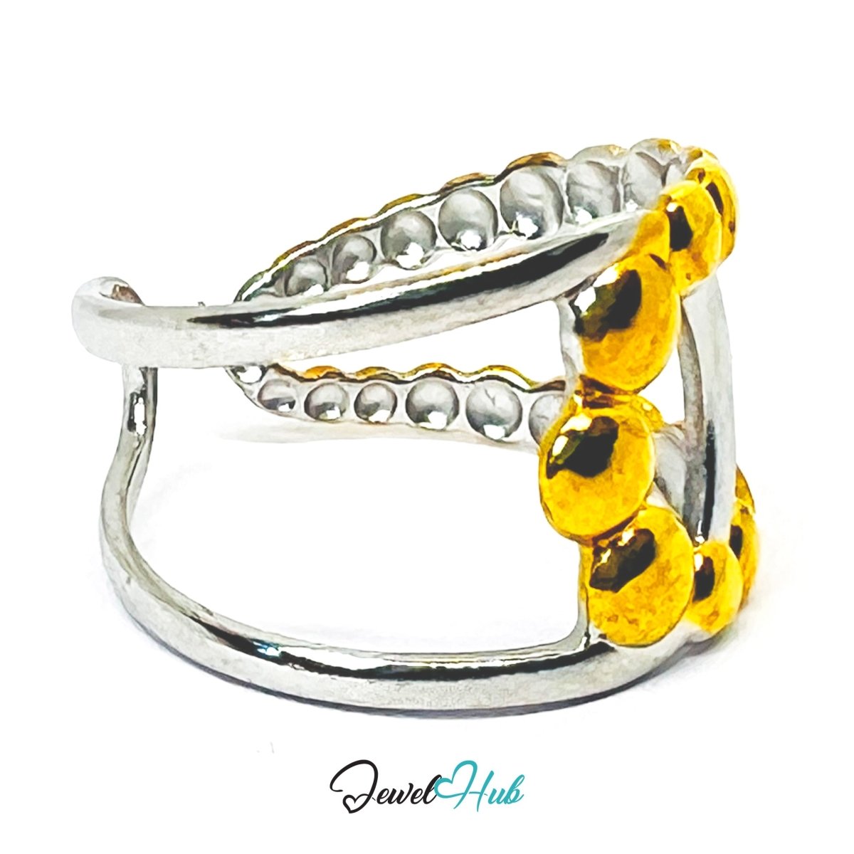 DuoTone BeadArc Ring · Stainless Steel · Adjustable MNOPQ · Gold & Silver Sculptural Band - JewelHub.co.uk