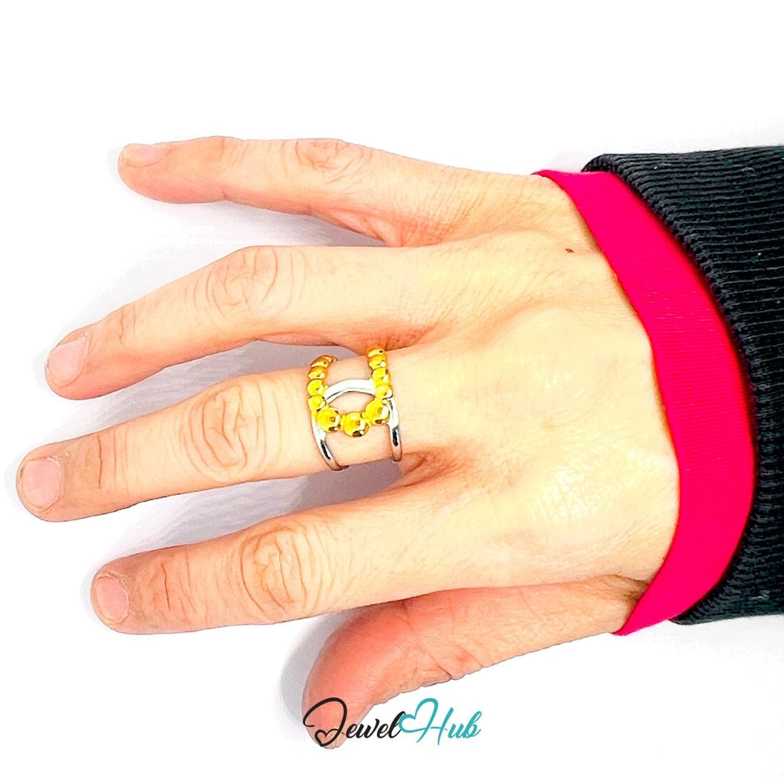 DuoTone BeadArc Ring · Stainless Steel · Adjustable MNOPQ · Gold & Silver Sculptural Band - JewelHub.co.uk