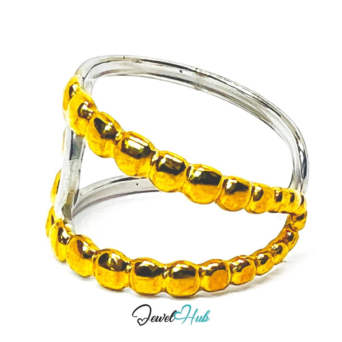 DuoTone BeadArc Ring · Stainless Steel · Adjustable MNOPQ · Gold & Silver Sculptural Band - JewelHub.co.uk