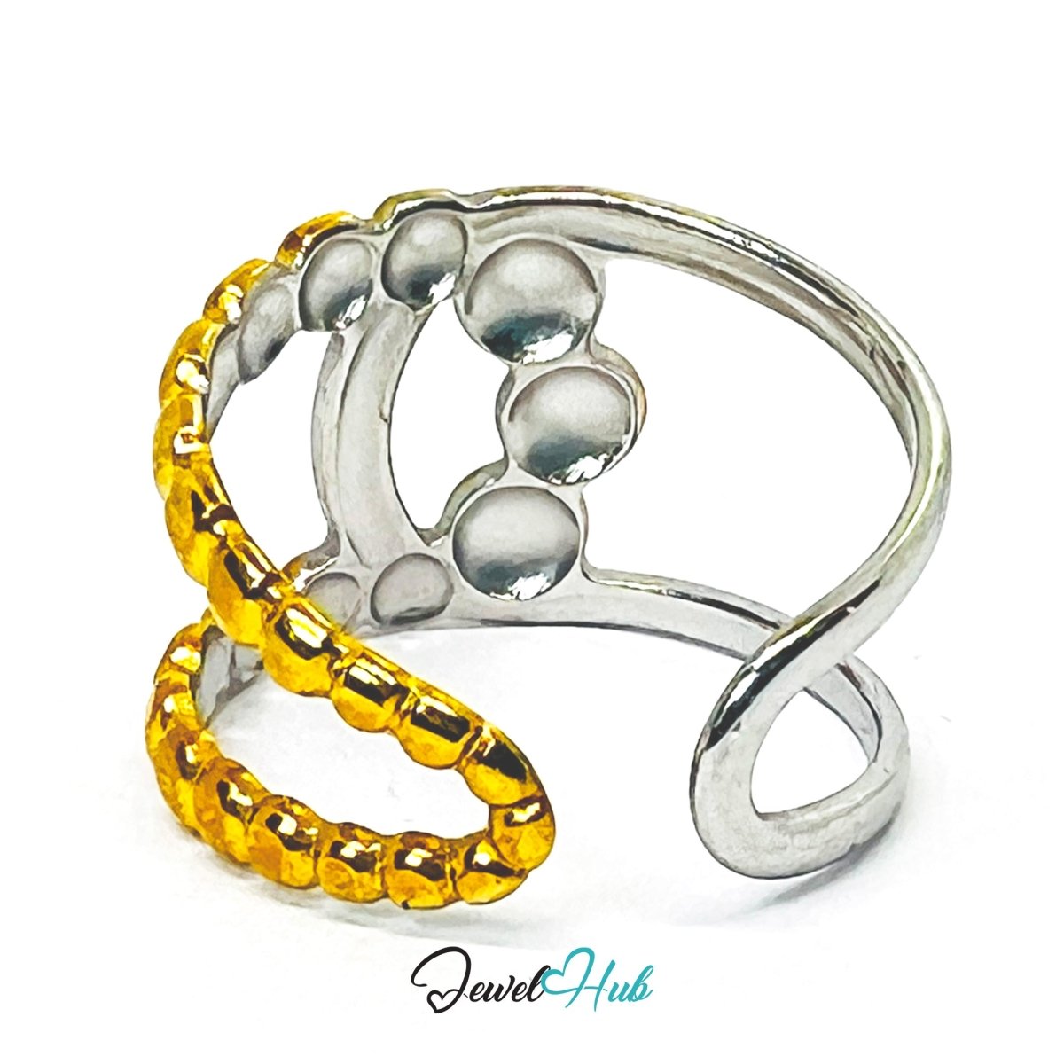 DuoTone BeadArc Ring · Stainless Steel · Adjustable MNOPQ · Gold & Silver Sculptural Band - JewelHub.co.uk