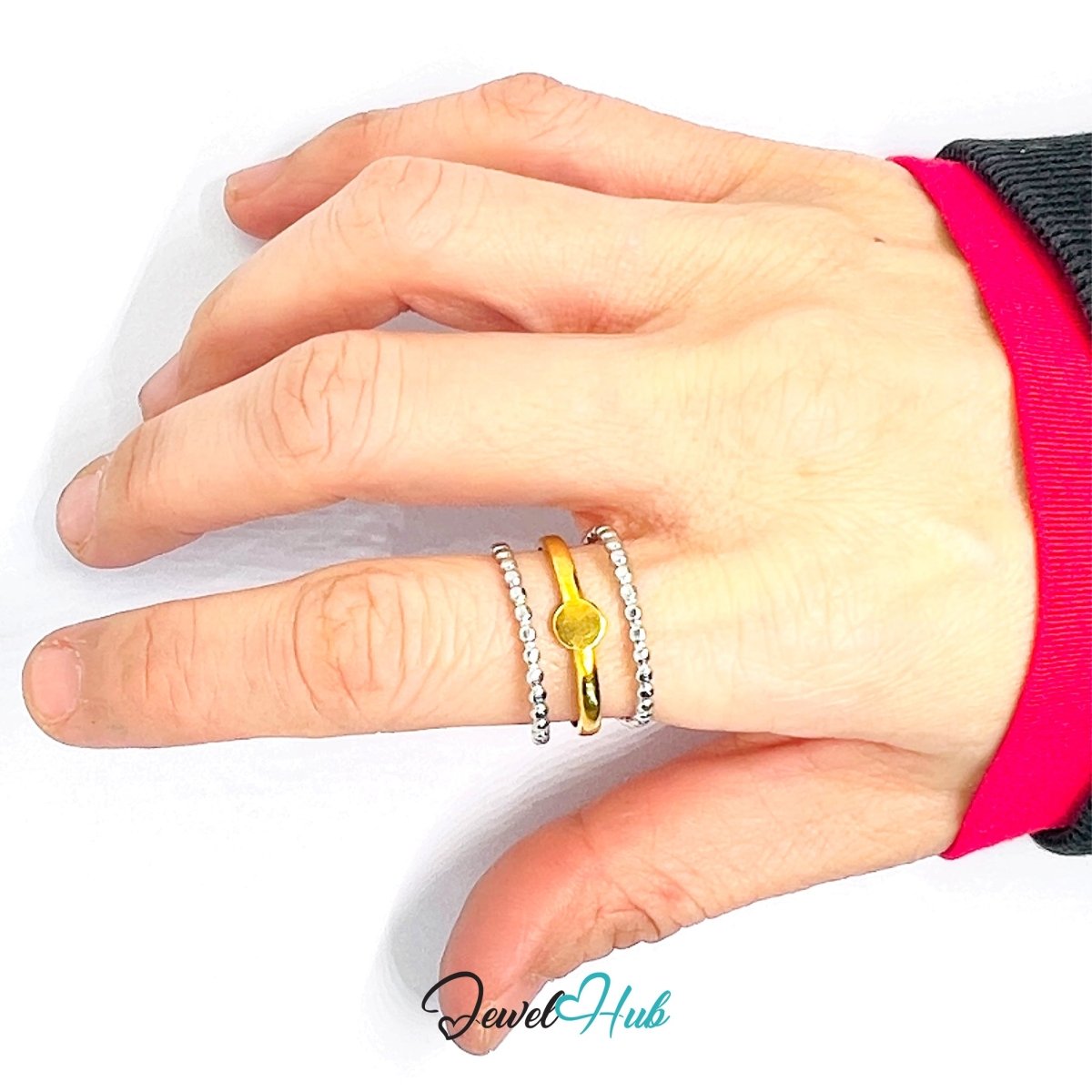 DuoTone BeadFrame Ring · Stainless Steel · Adjustable OPQRS · Gold Center & Silver Beaded Bands - JewelHub.co.uk