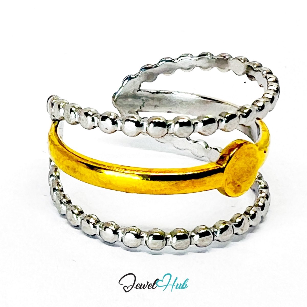 DuoTone BeadFrame Ring · Stainless Steel · Adjustable OPQRS · Gold Center & Silver Beaded Bands - JewelHub.co.uk