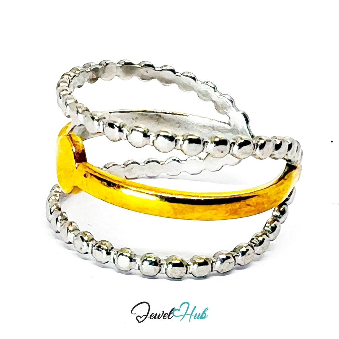 DuoTone BeadFrame Ring · Stainless Steel · Adjustable OPQRS · Gold Center & Silver Beaded Bands - JewelHub.co.uk