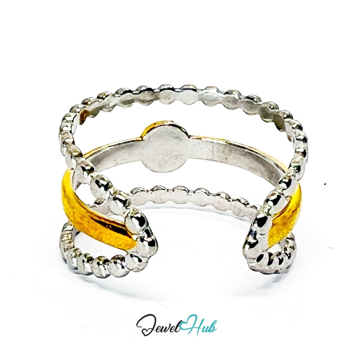 DuoTone BeadFrame Ring · Stainless Steel · Adjustable OPQRS · Gold Center & Silver Beaded Bands - JewelHub.co.uk