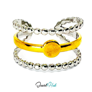 DuoTone BeadFrame Ring · Stainless Steel · Adjustable OPQRS · Gold Center & Silver Beaded Bands - JewelHub.co.uk