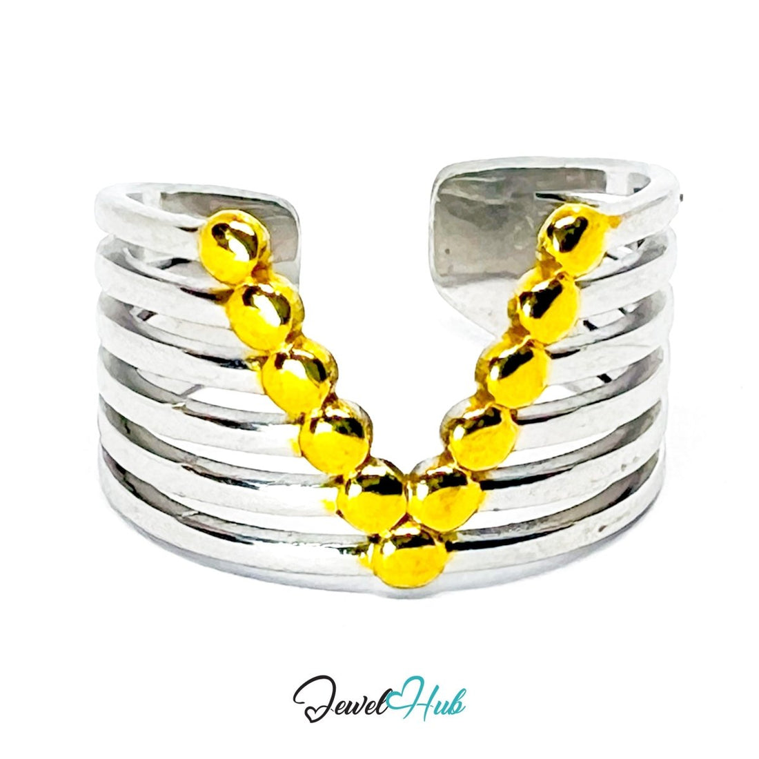 DuoTone BeadV Ring · Stainless Steel · Adjustable MNOPQ · Gold Bead Arc & Silver Bands - JewelHub.co.uk