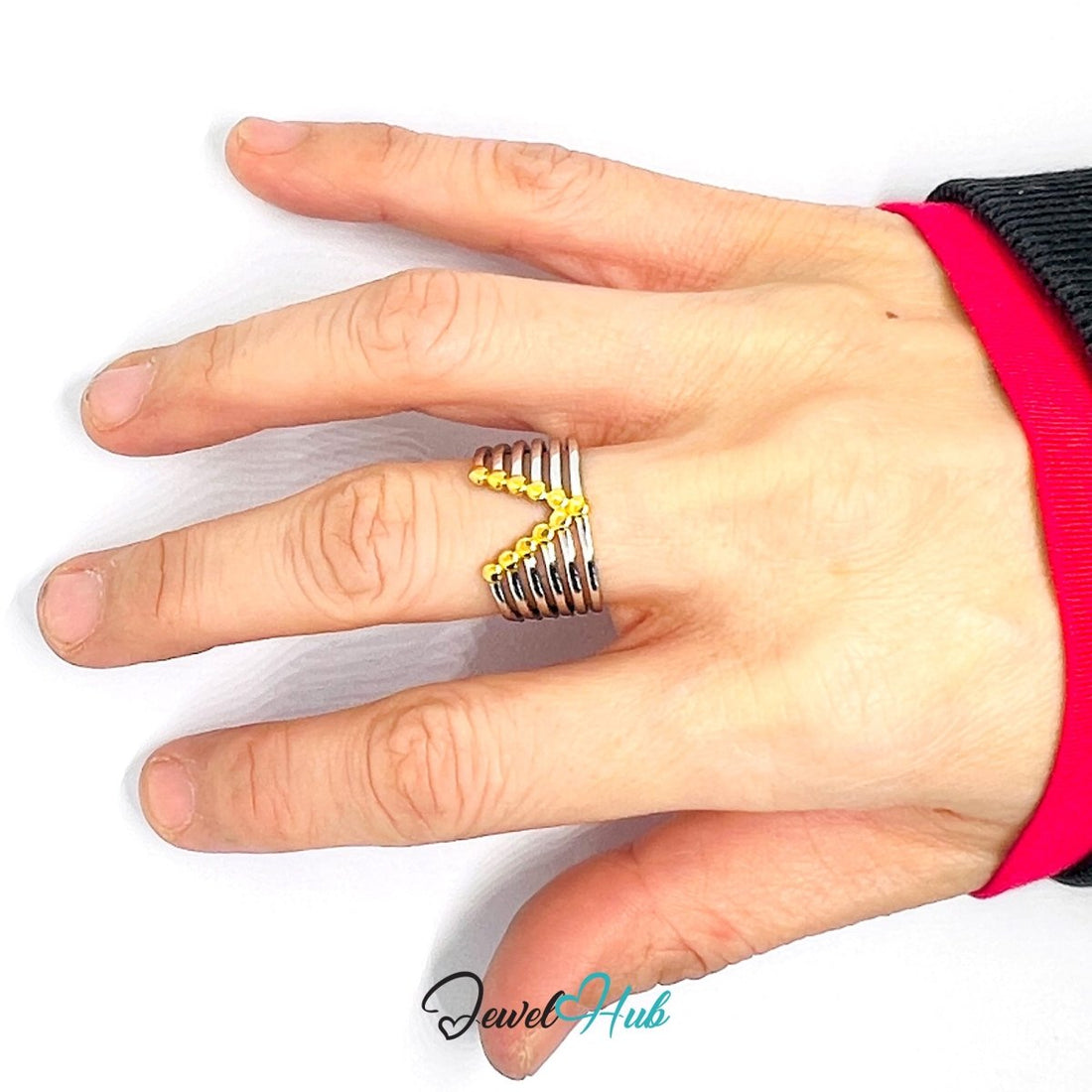 DuoTone BeadV Ring · Stainless Steel · Adjustable MNOPQ · Gold Bead Arc & Silver Bands - JewelHub.co.uk