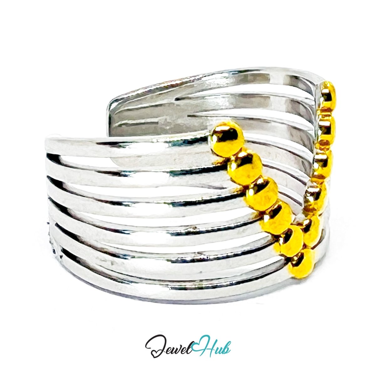 DuoTone BeadV Ring · Stainless Steel · Adjustable MNOPQ · Gold Bead Arc & Silver Bands - JewelHub.co.uk