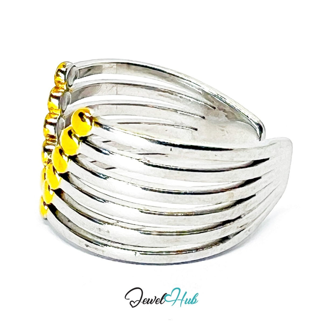 DuoTone BeadV Ring · Stainless Steel · Adjustable MNOPQ · Gold Bead Arc & Silver Bands - JewelHub.co.uk