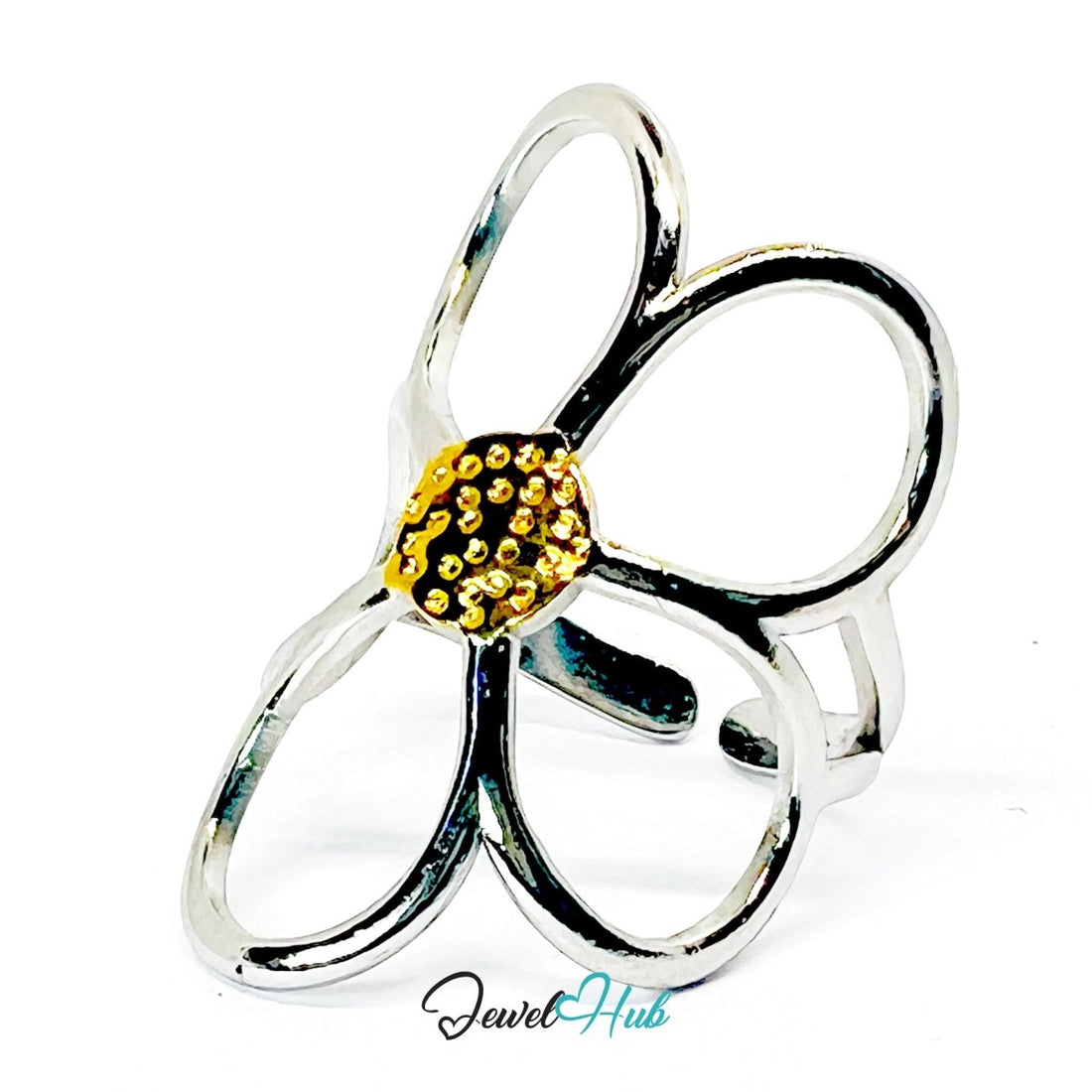 DuoTone BloomLoop Ring · Stainless Steel · Adjustable MNOPQ · Gold Center & Silver Petal Loops - JewelHub.co.uk