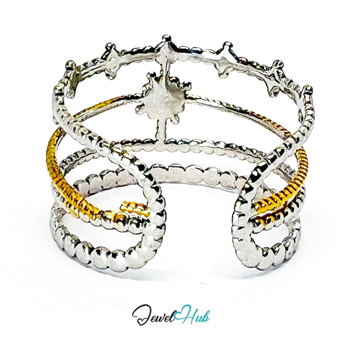 DuoTone BloomStar Ring · Stainless Steel · Adjustable OPQRS · Gold Floral Center & Silver Beaded Bands - JewelHub.co.uk