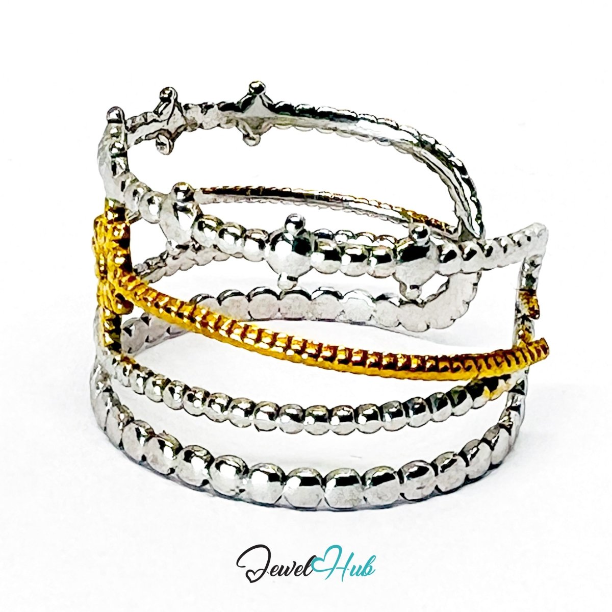 DuoTone BloomStar Ring · Stainless Steel · Adjustable OPQRS · Gold Floral Center & Silver Beaded Bands - JewelHub.co.uk