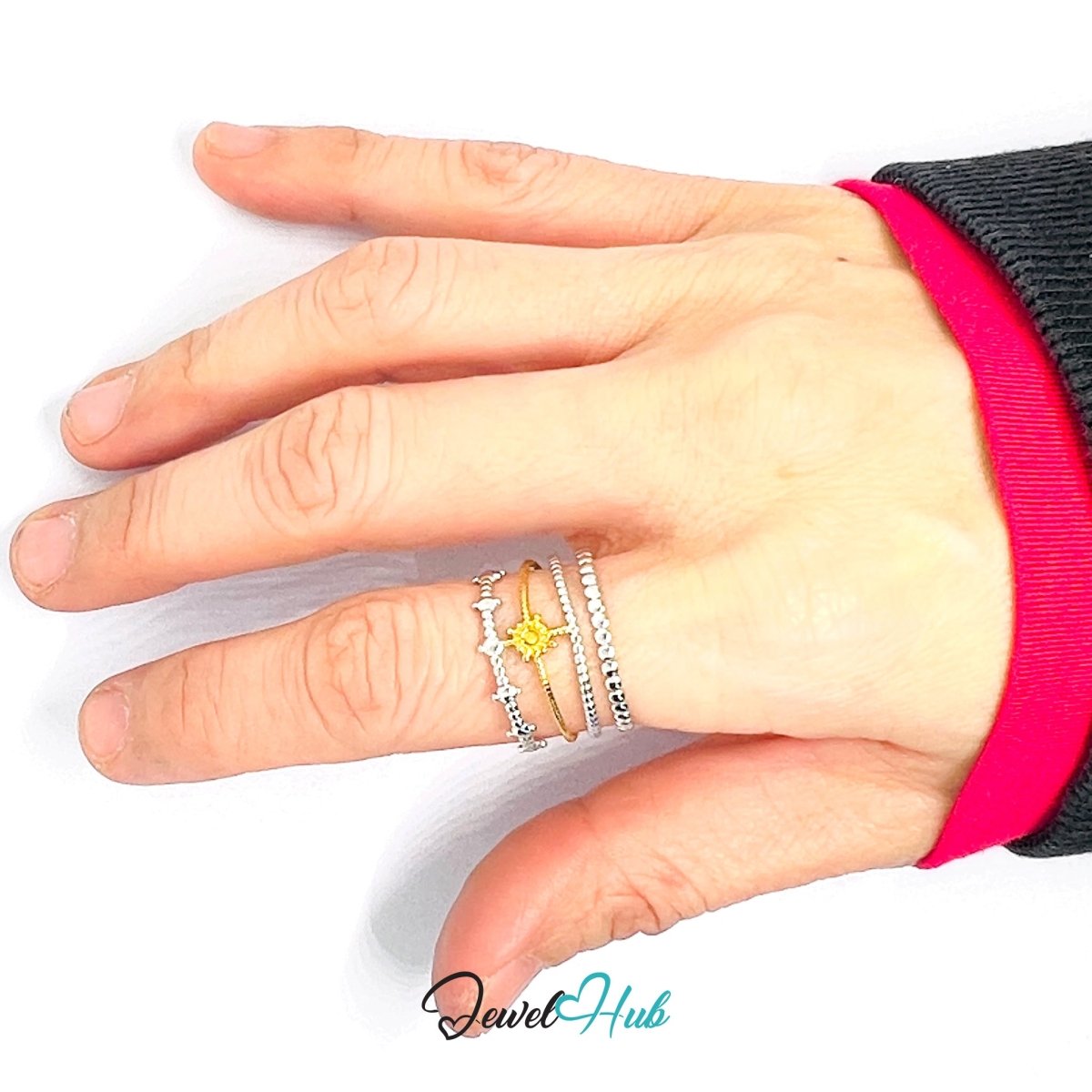 DuoTone BloomStar Ring · Stainless Steel · Adjustable OPQRS · Gold Floral Center & Silver Beaded Bands - JewelHub.co.uk