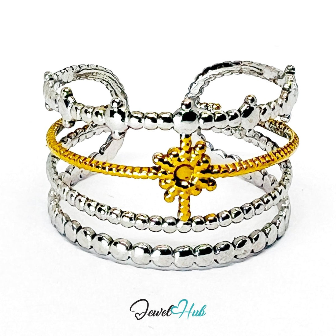 DuoTone BloomStar Ring · Stainless Steel · Adjustable OPQRS · Gold Floral Center & Silver Beaded Bands - JewelHub.co.uk