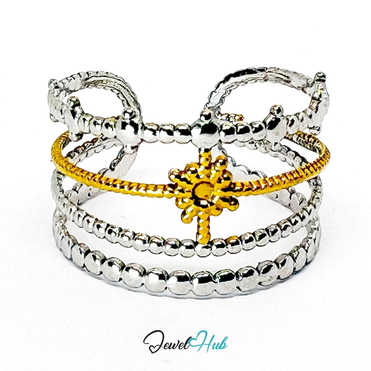 DuoTone BloomStar Ring · Stainless Steel · Adjustable OPQRS · Gold Floral Center & Silver Beaded Bands - JewelHub.co.uk