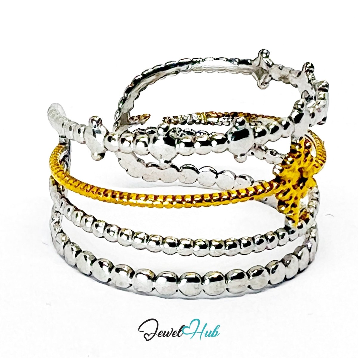DuoTone BloomStar Ring · Stainless Steel · Adjustable OPQRS · Gold Floral Center & Silver Beaded Bands - JewelHub.co.uk