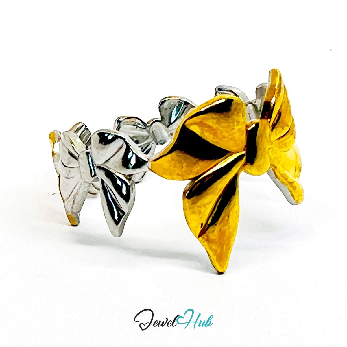 Duotone Bow Ring · Stainless Steel · Adjustable MNOPQ · Gold & Silver Accent - JewelHub.co.uk