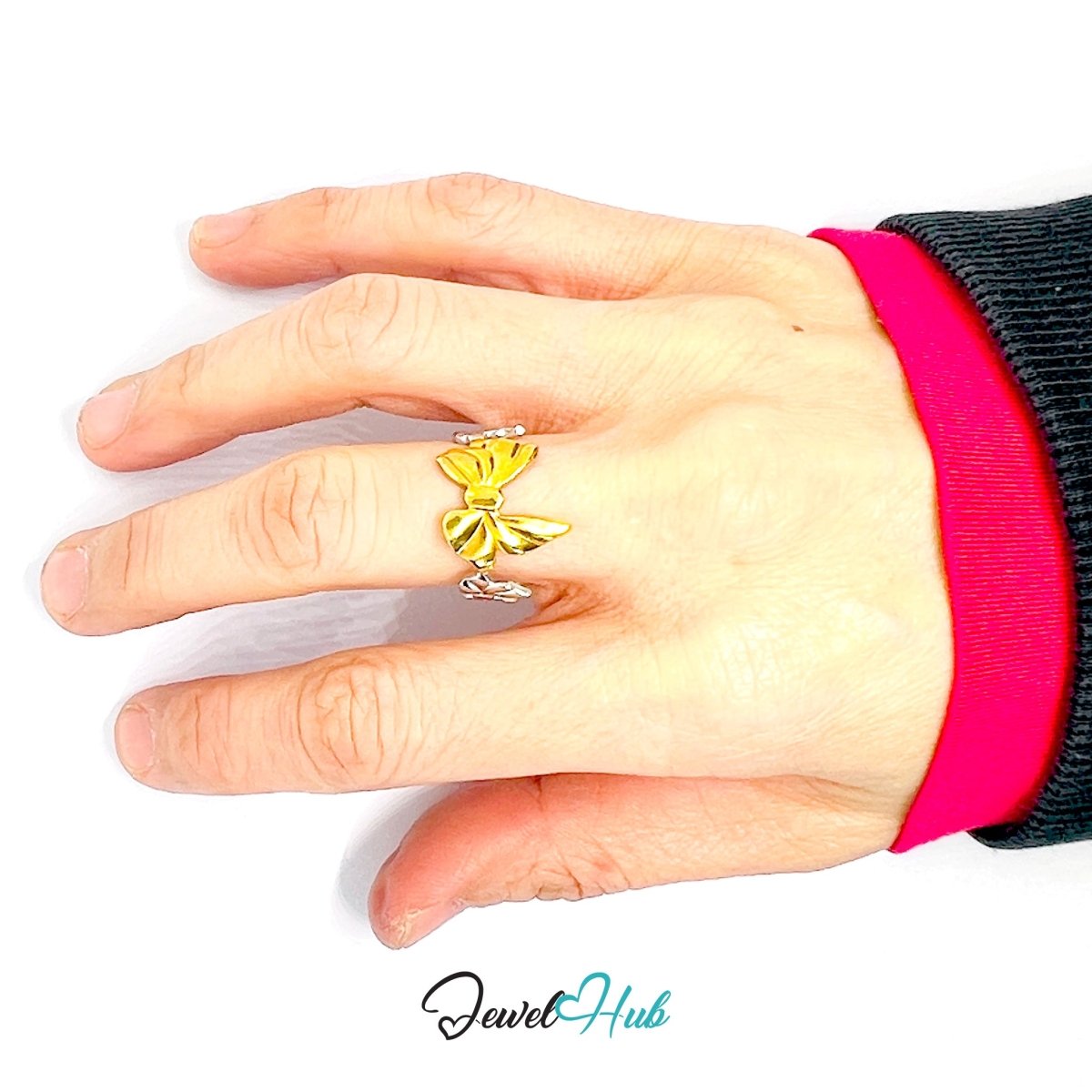 Duotone Bow Ring · Stainless Steel · Adjustable MNOPQ · Gold & Silver Accent - JewelHub.co.uk