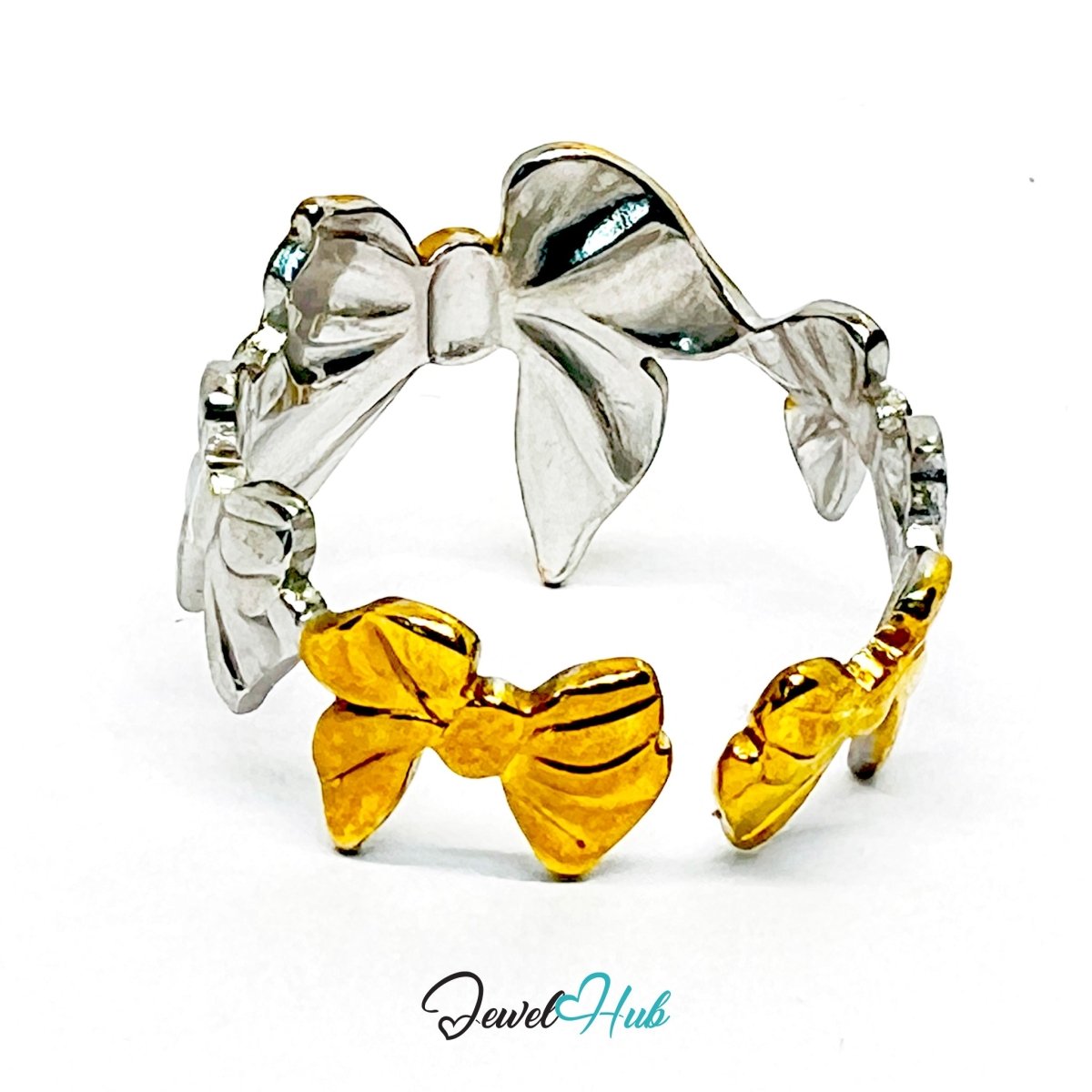 Duotone Bow Ring · Stainless Steel · Adjustable MNOPQ · Gold & Silver Accent - JewelHub.co.uk