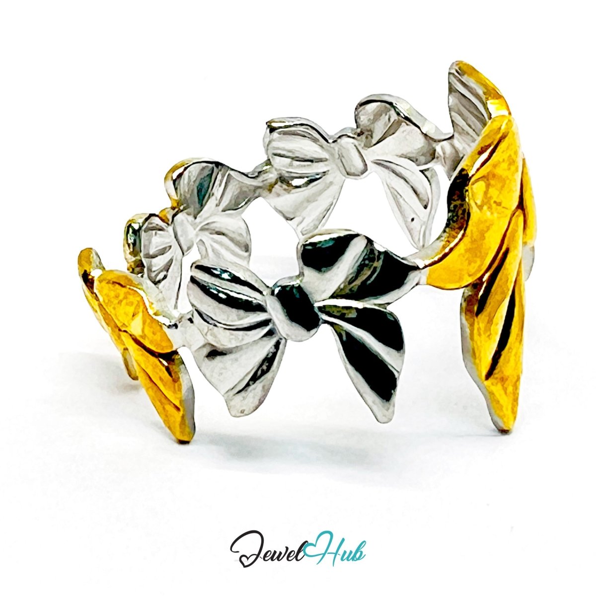 Duotone Bow Ring · Stainless Steel · Adjustable MNOPQ · Gold & Silver Accent - JewelHub.co.uk