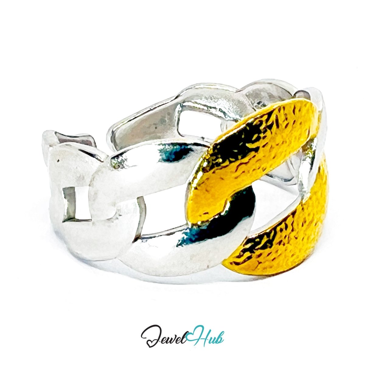 DuoTone ChainLink Ring · Stainless Steel · Fixed Open - End QRS · Gold & Silver Link Band - JewelHub.co.uk