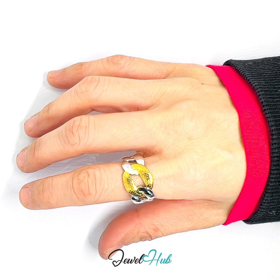 DuoTone ChainLink Ring · Stainless Steel · Fixed Open - End QRS · Gold & Silver Link Band - JewelHub.co.uk