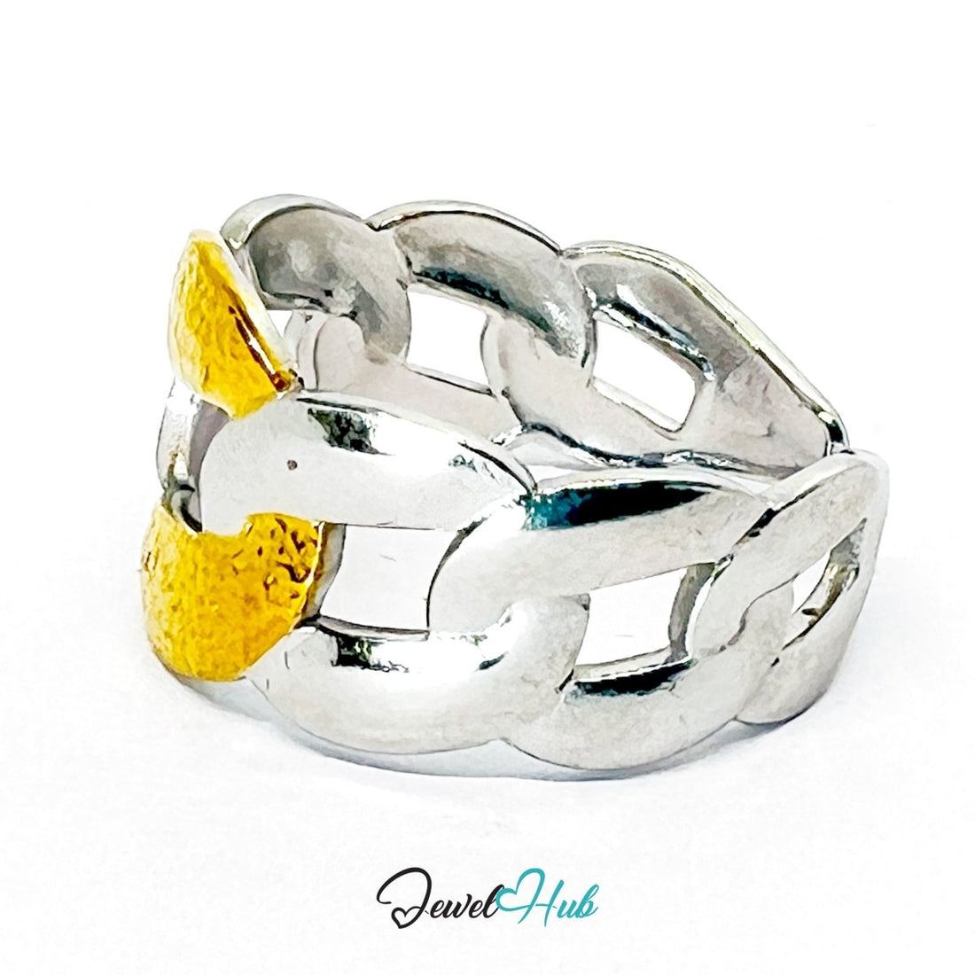 DuoTone ChainLink Ring · Stainless Steel · Fixed Open - End QRS · Gold & Silver Link Band - JewelHub.co.uk