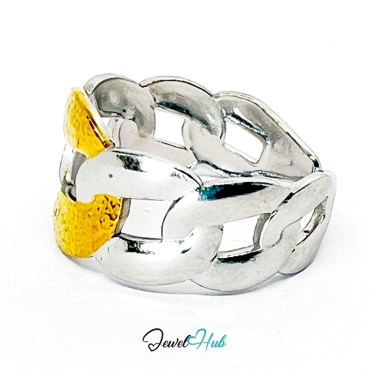 DuoTone ChainLink Ring · Stainless Steel · Fixed Open - End QRS · Gold & Silver Link Band - JewelHub.co.uk