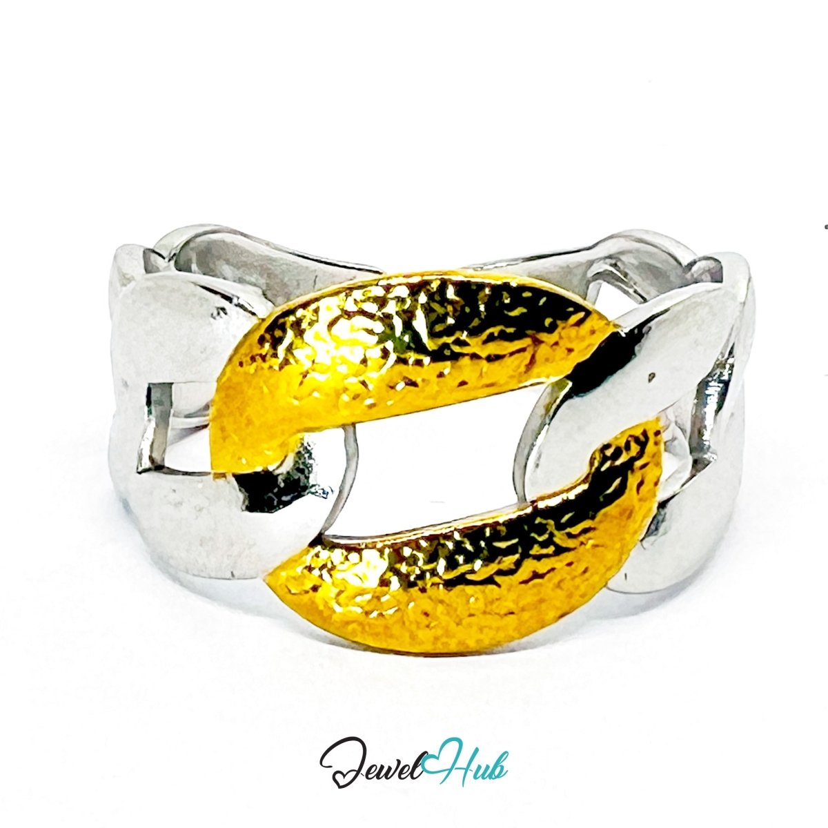DuoTone ChainLink Ring · Stainless Steel · Fixed Open - End QRS · Gold & Silver Link Band - JewelHub.co.uk