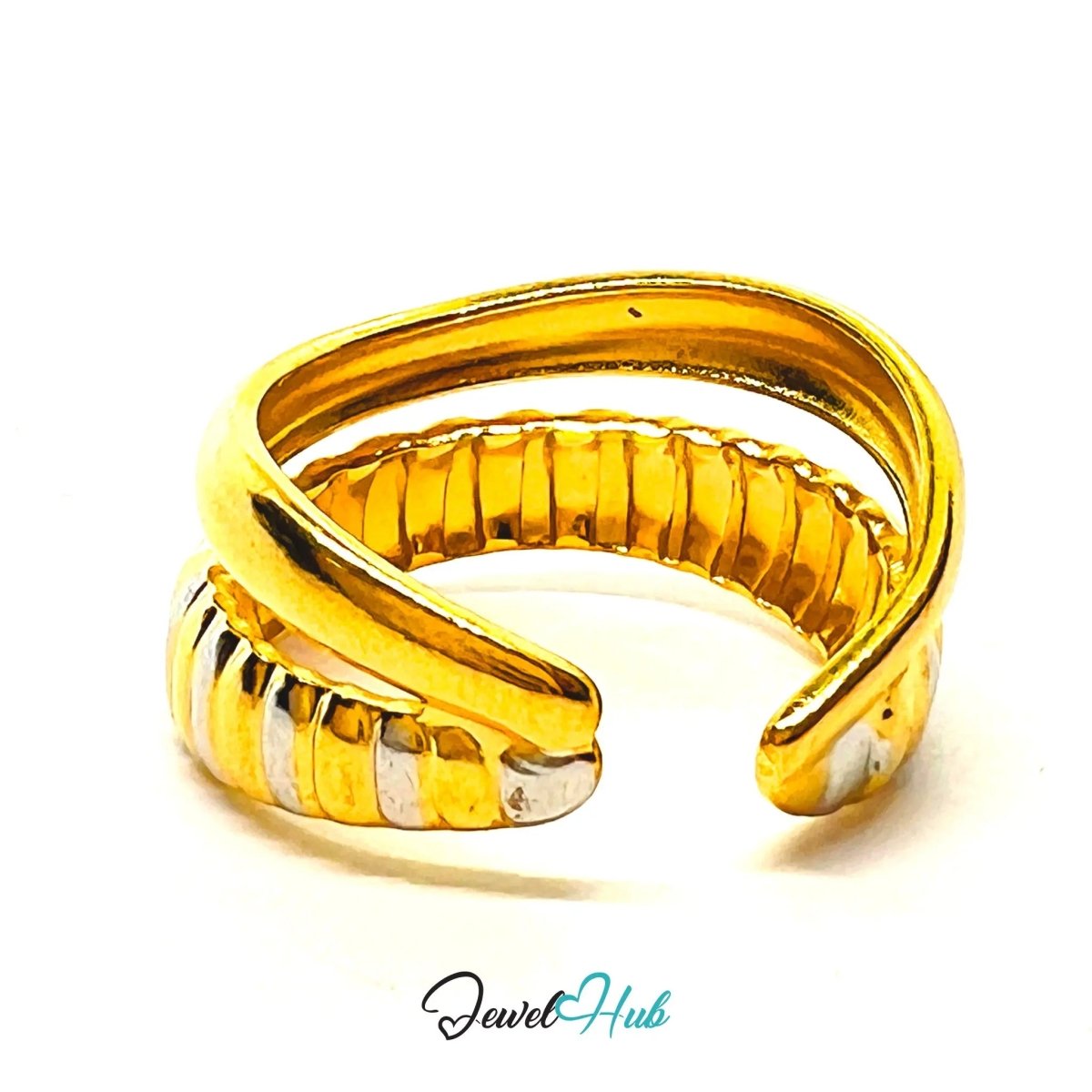 DuoTone CrestWrap Stainless Steel Ring · Adjustable MNO Fit · Sculptural Wrap - JewelHub.co.uk