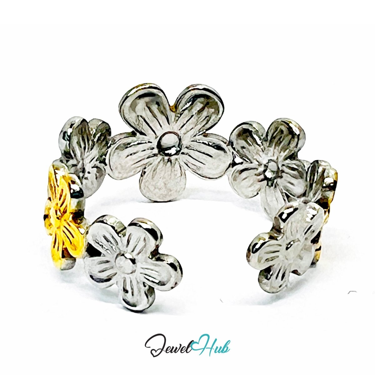 DuoTone Daisy Ring · Stainless Steel · Adjustable MNOPQ · Gold & Silver Band - JewelHub.co.uk