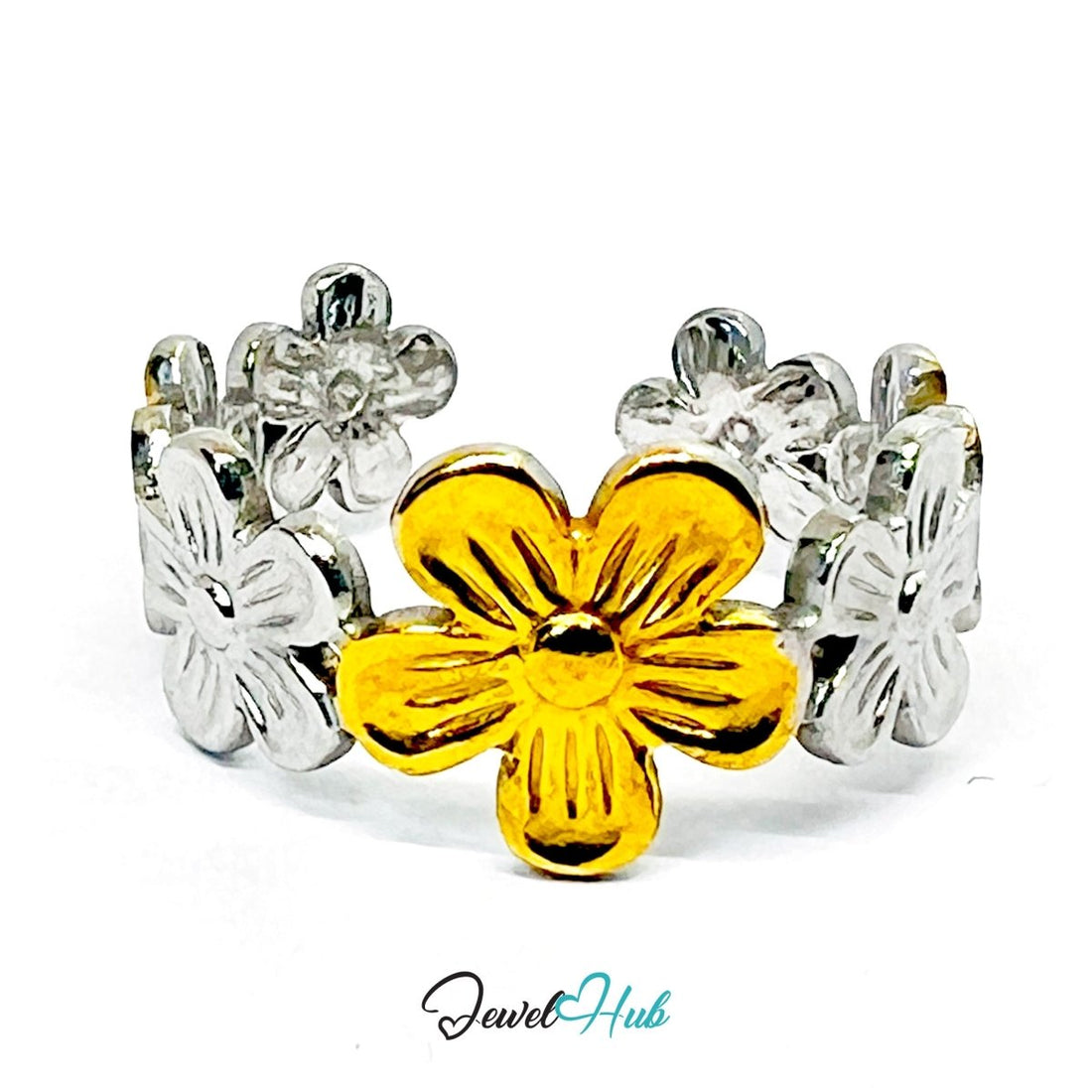 DuoTone Daisy Ring · Stainless Steel · Adjustable MNOPQ · Gold & Silver Band - JewelHub.co.uk