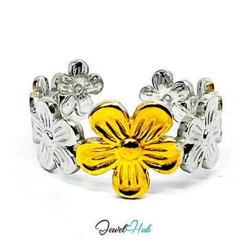 DuoTone Daisy Ring · Stainless Steel · Adjustable MNOPQ · Gold & Silver Band - JewelHub.co.uk