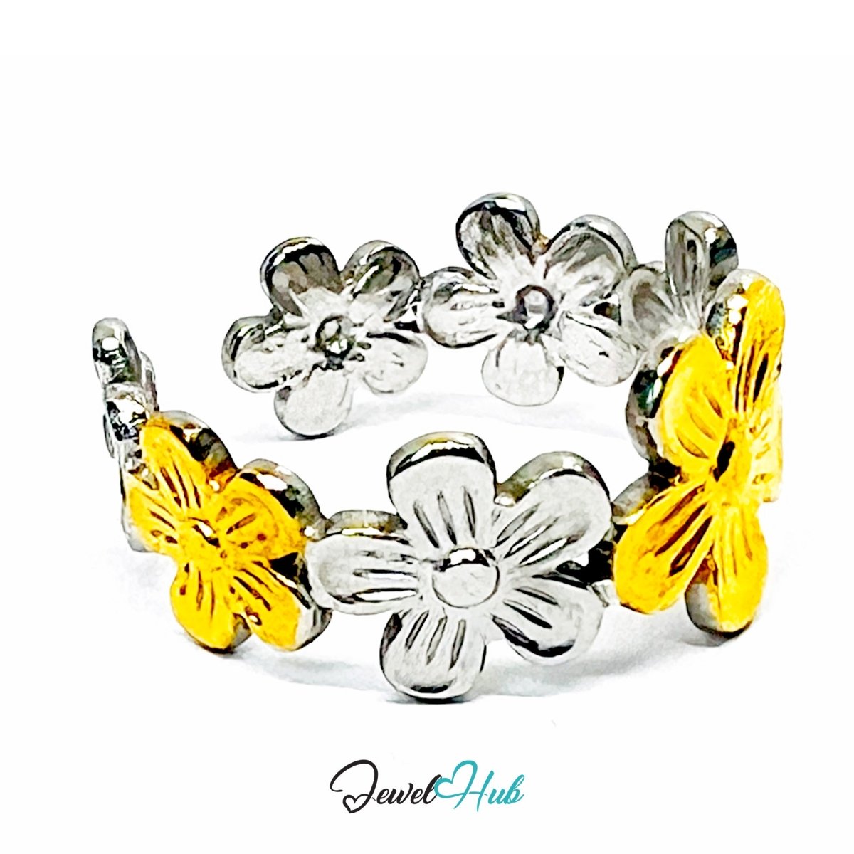 DuoTone Daisy Ring · Stainless Steel · Adjustable MNOPQ · Gold & Silver Band - JewelHub.co.uk