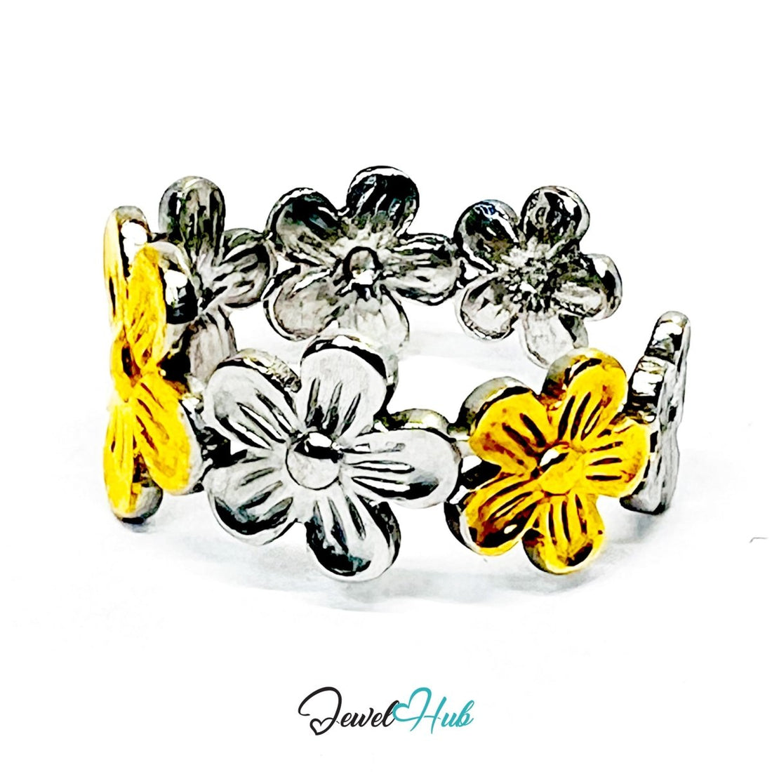 DuoTone Daisy Ring · Stainless Steel · Adjustable MNOPQ · Gold & Silver Band - JewelHub.co.uk