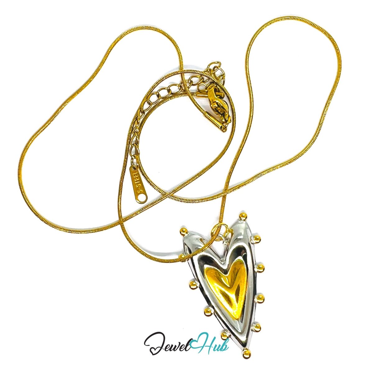 DuoTone Double Heart Pendant Gold Core Silver Frame Beaded Edge - JewelHub.co.uk