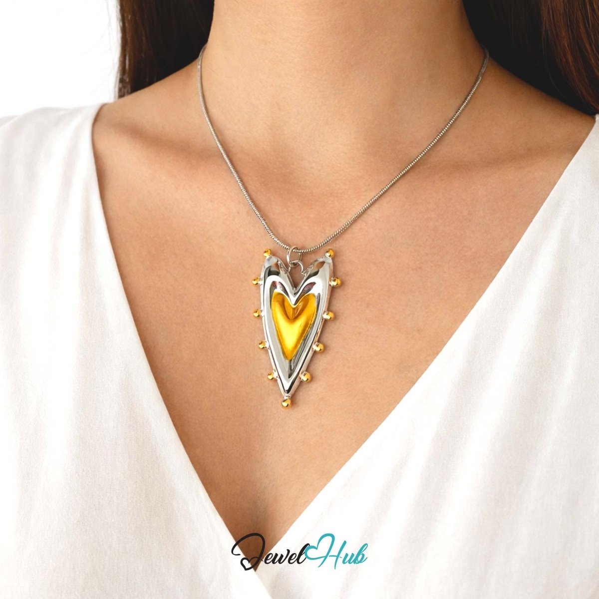 DuoTone Double Heart Pendant Gold Core Silver Frame Beaded Edge - JewelHub.co.uk