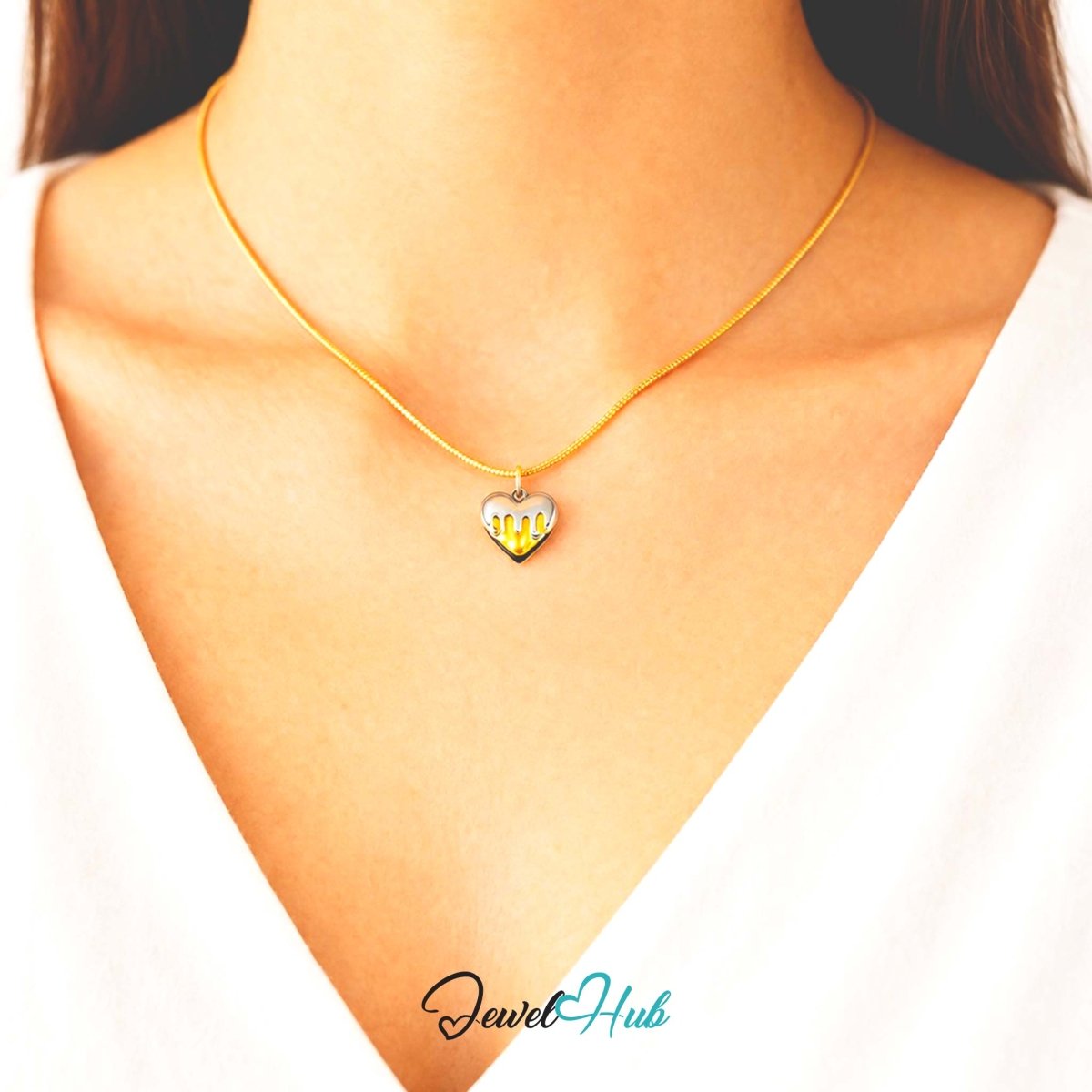 DuoTone Drip Heart Pendant Silver Melt Gold Base Steel Charm - JewelHub.co.uk
