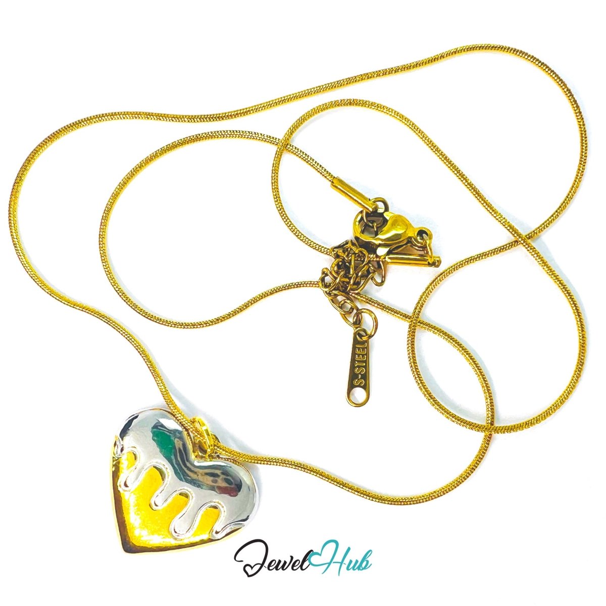DuoTone Drip Heart Pendant Silver Melt Gold Base Steel Charm - JewelHub.co.uk