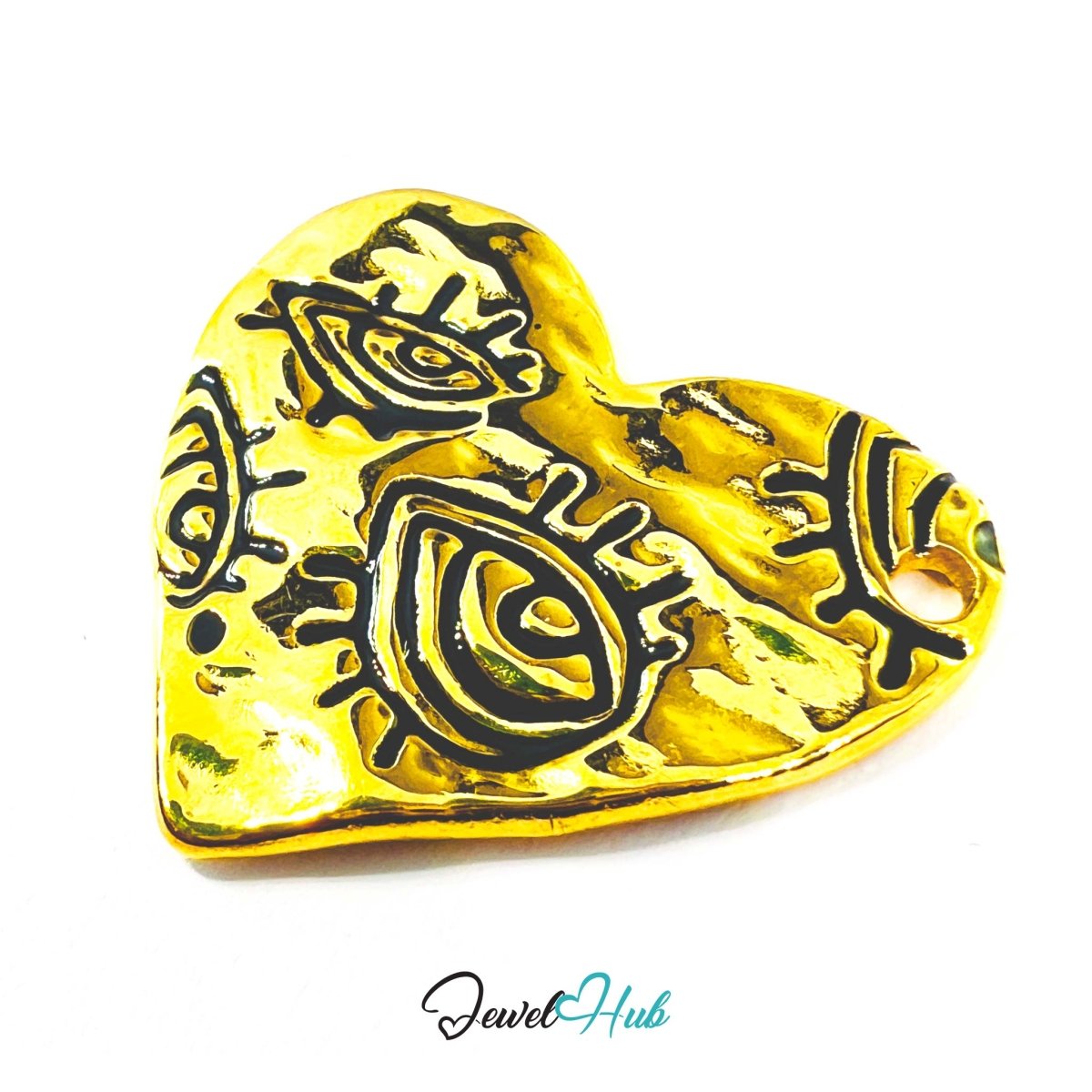 DuoTone Eye Motif Heart Pendant Gold Engraved Steel Charm - JewelHub.co.uk